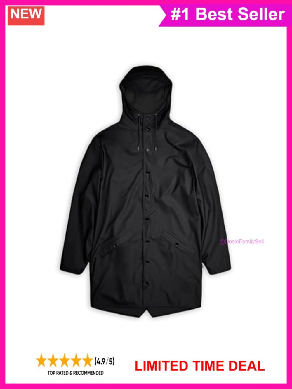 RAINS Waterproof Long Hooded Raincoat Unisex Commuter Jacket